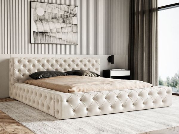 GRAINGOLD Palini Polsterbett 180x200, mit gepolstertes Kopfteil, gestepptes Bett, Bettkasten, Velour-Stoff, Beige