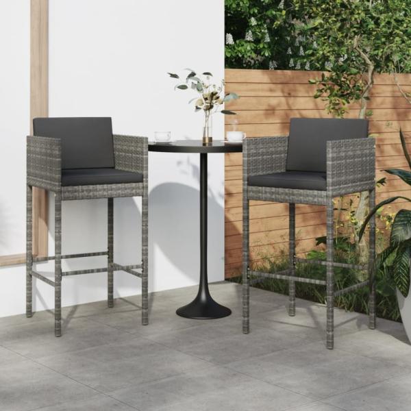 vidaXL Barhocker 2 Stk. mit Kissen Grau Poly Rattan 316658