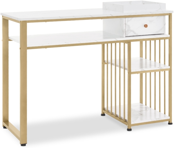 M MCombo Schreibtisch mit Schubladen, Nageltisch mit Regal, Manikürtisch aus Holz Metallgestell, Schminktisch ohne Spiegel Wohnzimmer Modern, Marmor-Weiß Gold, 2498