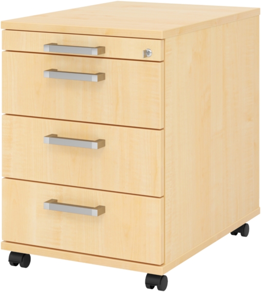 bümö Rollcontainer mit Schubladen, Container abschließbar aus Holz in Ahorn - Rollwagen für's Büro als Schreibtisch Unterschrank, Bürocontainer od. Schreibtischcontainer mit Chromgriffe, AC30-3-3-CE