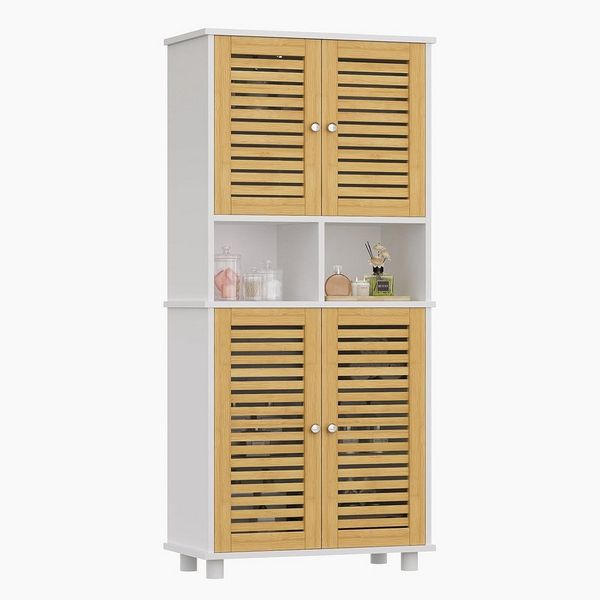 MSMASK Hochschrank Badezimmerschrank mit 4 Bambustüren und 3 offenen Fächern (1-St) 60x30x128 cm, Weiß