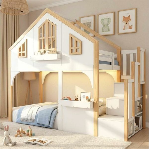 Flieks Etagenbett, Hochbett Kinderbett Hausbett 90x200cm mit LED-Leiste & Stauraumtreppe