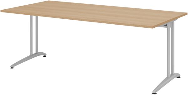 bümö Schreibtisch groß, Serie 200x100 cm, Tischplatte aus Holz in Eiche, Gestell aus Metall in Silber - PC Tisch, großer Computertisch für's Büro, Office Bürotisch, BS-2E-E