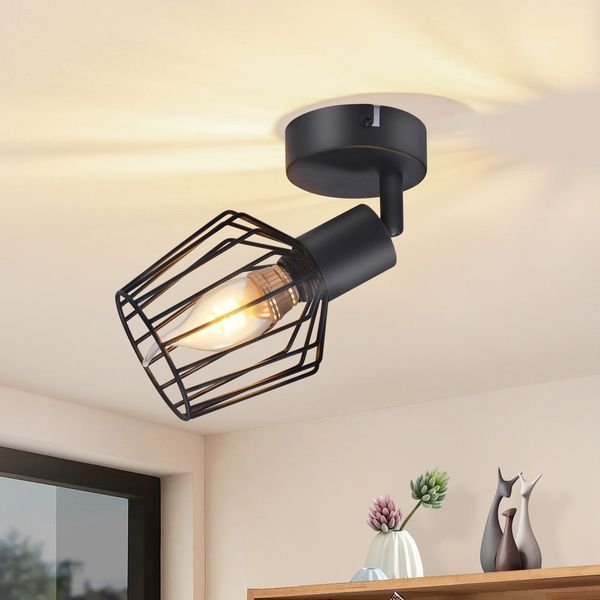 ZMH E14 Deckenstrahler - Metall, 350° Drehbare Industrielle Flurlampe, Wandleuchte für Flur und Wohnzimmer, Schwarz