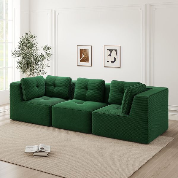 Flieks 3-Sitzer Modulares Sofa, Cloud Sofa Cord rahmenlos, Lounge Sofa bodennah, mit breiten Armlehnen, Grün