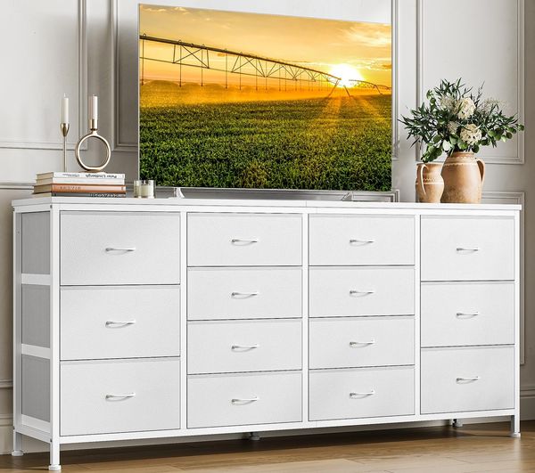 GarveeHome TV Schrank 160cm Mit Integrierten Steckdosen & 14 Schubladen, Stabiles Lowboard Für Fernseher Bis 75 Zoll (190cm), in Holzmaserung (z.b. Blanc-Eiche), Für Wohnzimmer, Weiß
