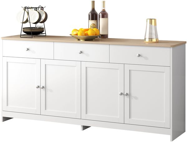 Landhaus Sideboard 160cm MDF Weiß-Holzoptik mit 4 Türen & 3 Schubladen, verstellbare Einlegeböden, Esszimmer Buffetschrank