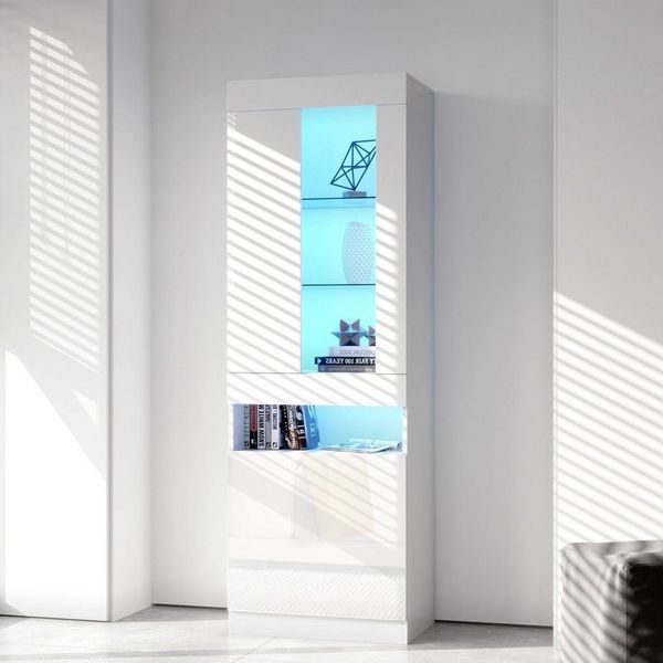 Merax Vitrine mit Glaseinlegeböden und LED-Beleuchtung Standvitrine mit großen Stauraum,Vitrinenschrank,Highboard,H:180cm