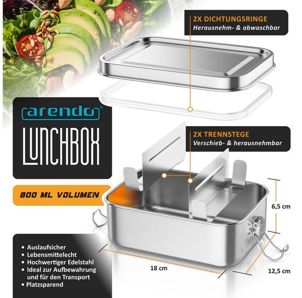 Arendo Lunchbox Edelstahl Brotdose 800 ml mit Fächern, für Kinder und Erwachsene, Edelstahl, (1-tlg, 2 Trennstege, 2 Silikondichtungen), auslaufsicher, entnehmbare Trennstege, Dichtung, lebensmittelecht