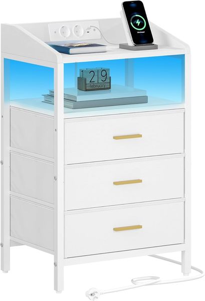 Nachttisch mit LED-Leuchten und Ladestation, Beistelltisch mit 3 Stoff-Schubladen und Regalen, mit USB-Anschlüssen & Steckdosen, für Schlafzimmer, Wohnzimmer, Weiß Bild 2