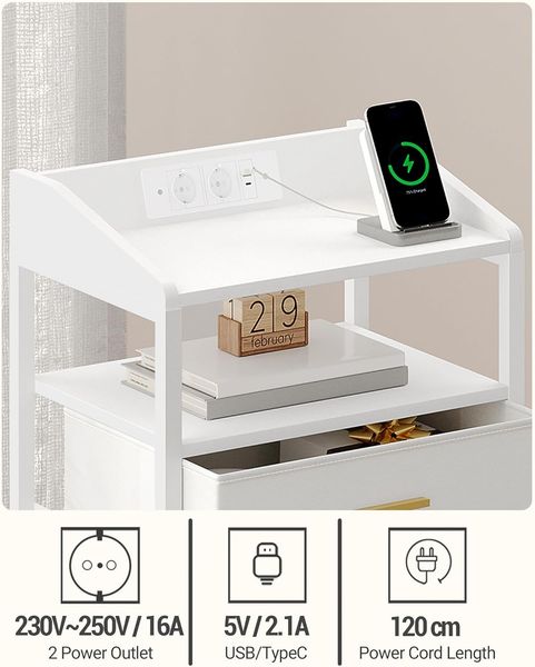 Nachttisch mit LED-Leuchten und Ladestation, Beistelltisch mit 3 Stoff-Schubladen und Regalen, mit USB-Anschlüssen & Steckdosen, für Schlafzimmer, Wohnzimmer, Weiß Bild 6