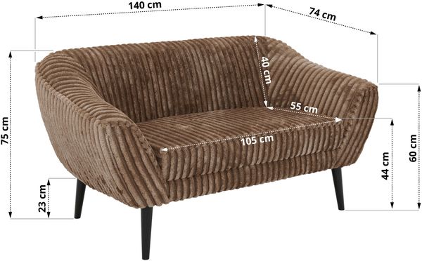 Polstersofa PIRS 2 Skandinavisches Sofa 2-Sitzer, Sofa mit Wellenfederung, Breite 140 cm, schwarze Füße Hoher Sitzkomfort - Braun Cord Bild 5