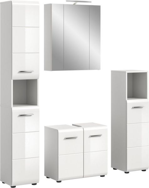 welltime Badezimmer-Set, (Set, 5-St), Florenz, Badkombination 5-tlg, Weiß hochglanz,l inkl Beleuchtung