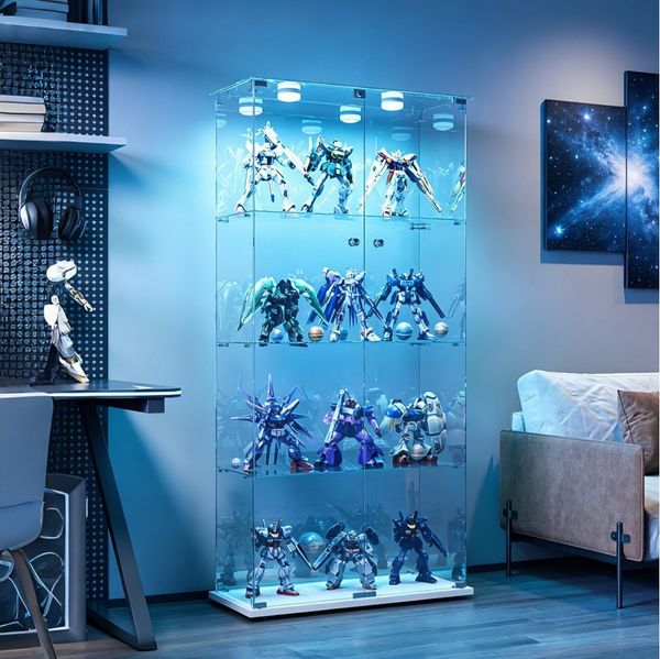 Simurq Glasvitrine Standvitrine aus gehärtetes Glas,Vitrinenschrank Glas mit beleuchtung (Standvitrinen mit 2 Glastür und 4 Lagen,Glasschrank mit Schloss) Sammlervitrine mit Kippsicherung,Modernes rahmenloses Design