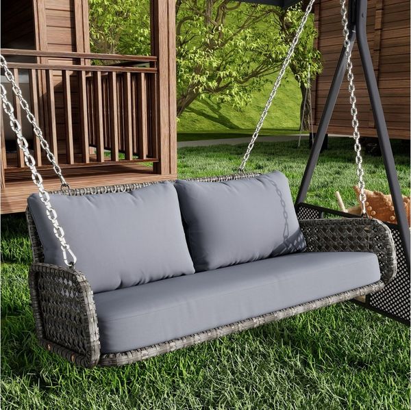 Merax Hollywoodschaukel aus Polyrattan, 2,00-Sitzer, mit Ketten, Hängesessel Hängeliege mit Kissen, Gartenmöbel