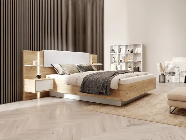 Vente-unique - ELYNIA Bett SamtHolz, Platte BeigeWeiß - B 210 cm x H 104,4 cm x L 256,4 cm