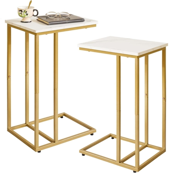 2er Set Aibiju Beistelltische Wohnzimmer Sofa Laptoptisch Marmor Weiß Goldmetall