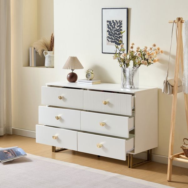 Sideboard Weiß MDF 120 x 40 x 75 cm mit 6 Schubladen, modern, Metallbeine, Aufbewahrungsschrank Wohnzimmer