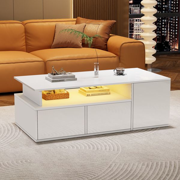 Weißer Couchtisch Hochglanz 100×50×35 cm mit LED-App-Steuerung, 2 Schubladen, 3 Ebenen, Seitfächern, moderner Wohnzimmertisch