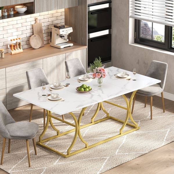 Esstisch in Marmoroptik, MDF mit goldfarbenem Metallgestell, 200x80x76 cm, Weiß/Gold