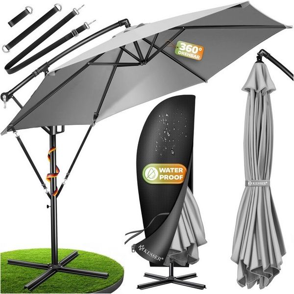 KESSER® Alu Ampelschirm Sonnenschirm + Abdeckung Ø300 cm / Ø350 cm mit Kurbelvorrichtung Kurbelschirm mit Ständer UV-Schutz Aluminium Wasserabweisende Bespannung - Schirm Gartenschirm Marktschirm 300cm, Hellgrau