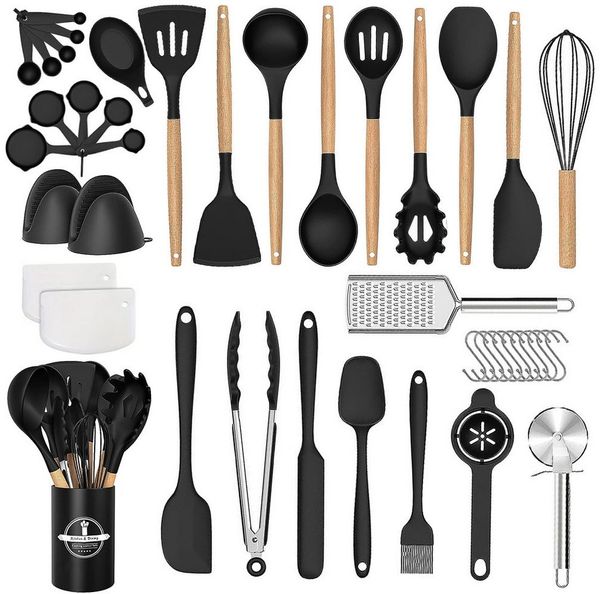 YMQHBS Kochbesteck-Set Küchenutensilien Set (43-tlg), Beste Küchenutensilien mit Halter (Set, 43-tlg, Löffel, Pfannenwender, Nudelportionierer, Pizzarädchen, Reibe), Tortenstreicher,Messbecher,Fettpinsel,Backofenhandschuh,Haken