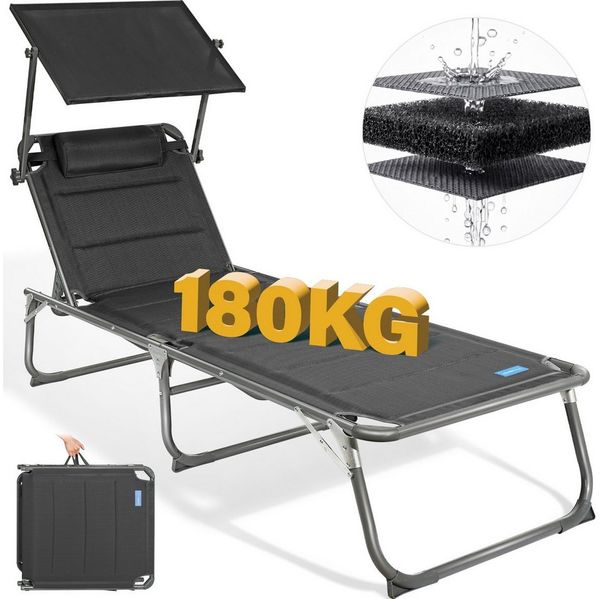 Homecall Sonnenliege mit Dach, schnell trocknender Schaumstoff, XXL, 200x70 cm - (Schwarz)