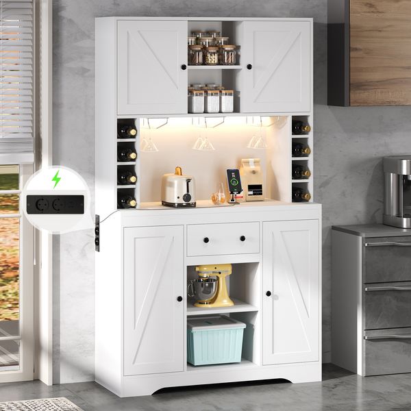 Merax 180cm Küchenschrank, Hochschrank, Weinschrank mit verstellbaren Einlegeböden, Schublade, Edelstahl-Weinglashalter, Weinflaschenfächern, farbwechselnder LED-Beleuchtung und Steckdosen, Weiß