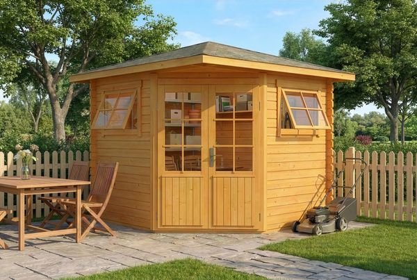 Alpholz 5-Eck Gartenhaus Sunny B Gartenhaus aus Holz in Pinie Holzhaus mit 28 mm Wandstärke Blockbohlenhaus mit Montagematerial
