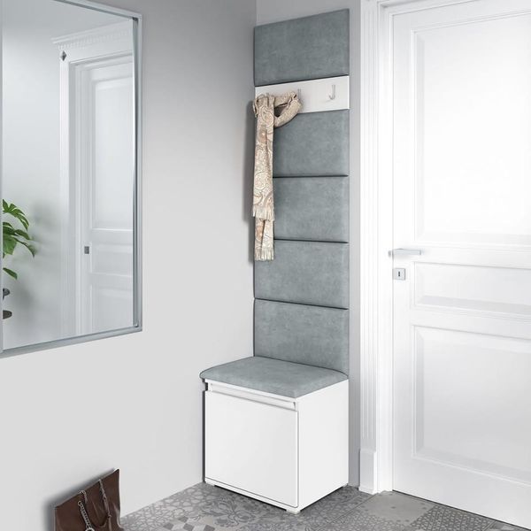 Garderoben-Set ZEFIR – Schuhschrank mit Ablage, Wandregal mit Haken und Polsterplatten in Weiß (Trinity 14), ideal für Flur und Eingangsbereich, 215 x 40 x 50 cm