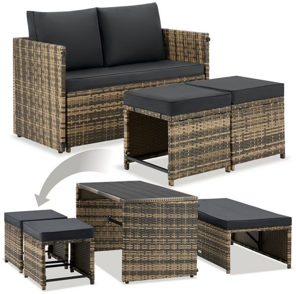 tectake Sitzgruppe 2-in-1-Rattanlounge-Set, höhenverstellbare Tischfüße, (Rattansitzmöbel Monopoli, 3-tlg, in natur), Tisch mit Lamellen, Belastbarkeit Bank 250 kg, Tisch 100 kg