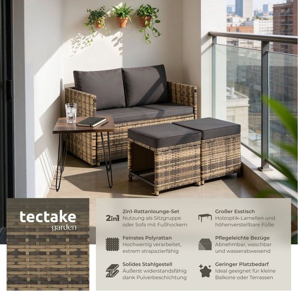 tectake Sitzgruppe 2-in-1-Rattanlounge-Set, höhenverstellbare Tischfüße, (Rattansitzmöbel Monopoli, 3-tlg, in natur), Tisch mit Lamellen, Belastbarkeit Bank 250 kg, Tisch 100 kg