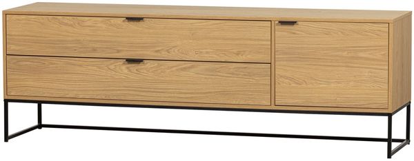 TV-Board Silas aus Eiche, modern skandinavisch, Natur, 180 cm, Metallgestell, mit Schubladen und Tür