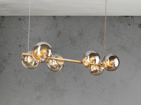 LED Pendelleuchte 6-flammig Messing & Amberglas Kugeln, Breite 80cm