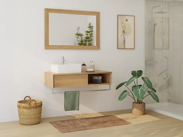 Vente-unique - KUPANG Waschbeckenmöbel Holz, Platte Beige - B 50 cm x H 32 cm x L 105 cm