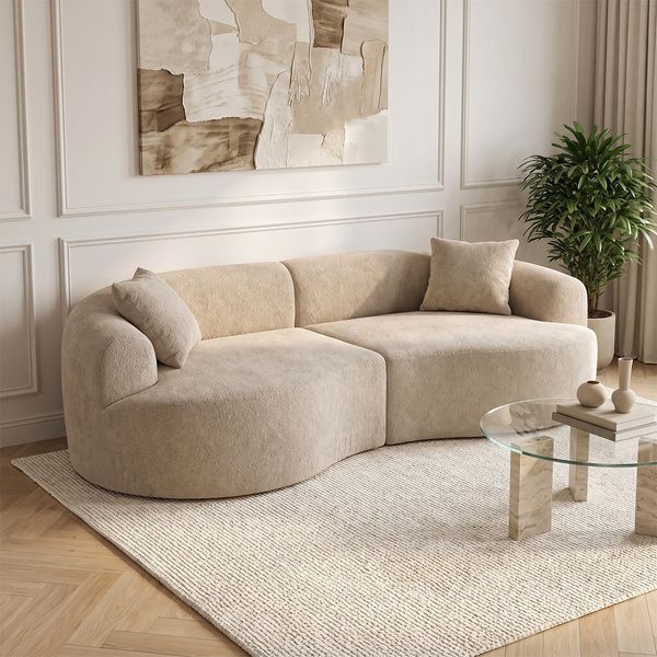 skølm 'Loki' Sofa 2 Sitzer, Vollschaumcouch mit Federkern und Vakuum-Kompression, kein Aufbau erforderlich, mit 2 Kissen, Teddy-Bouclé-Stoff in Sandstein-Beige