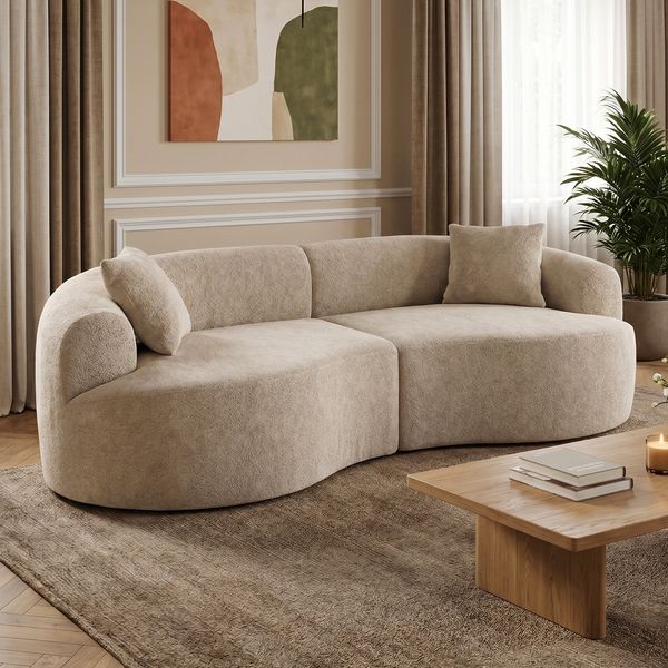 skølm 'Loki' Sofa 2 Sitzer, Vollschaumcouch mit Federkern und Vakuum-Kompression, kein Aufbau erforderlich, mit 2 Kissen, Teddy-Bouclé-Stoff in Sandstein-Beige