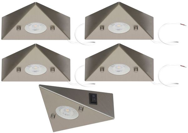 TRANGO LED Unterbauleuchte, 5er Set 6739-52 LED-Küchenunterbauleuchte *COOK* LED Einbauleuchte - Einbaustrahler aus Edelstahl inkl. 5x 4,8 Watt LED Modul 3000K warmweiß - direkt 230 Volt - beliebig erweiterbar, Schalter - Dreieckleuchte – Schrankleuchte