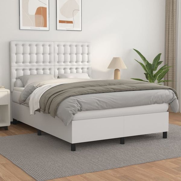 vidaXL Boxspringbett mit Matratze Weiß 140x200 cm Kunstleder 3142846