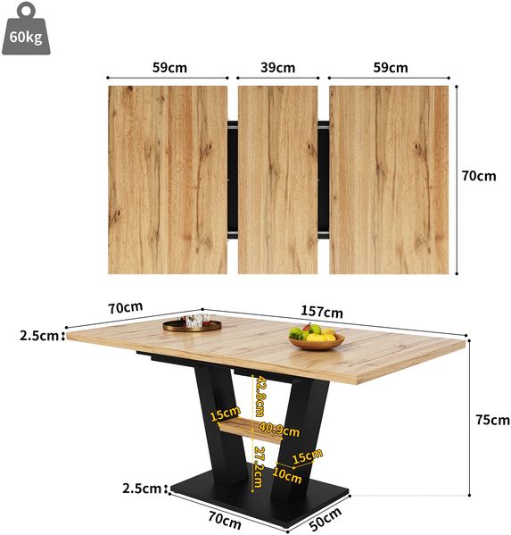 Esstisch ausziehbar mit MDF-Tischplatte & Metallgestell, 118-157x70x75 cm, Schwarz/Natur Bild 9