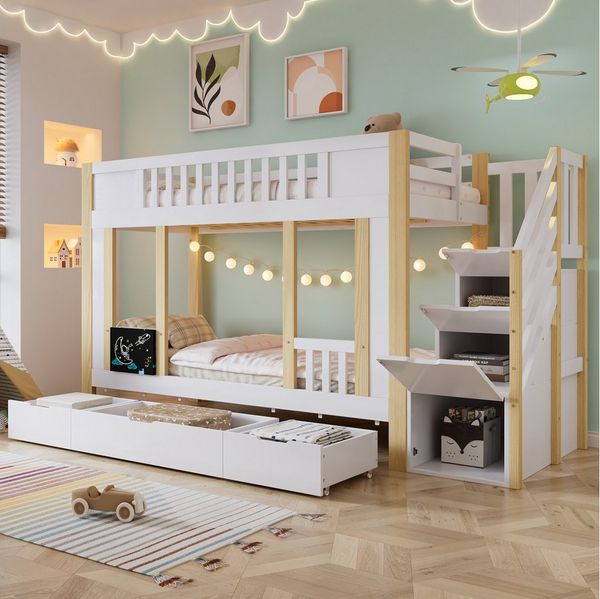Merax Etagenbett (1-St, Kiefernholzbett Stockbett Jugendbett Doppelbett), Kinderbett 90x200cm mit 3 Schubladen, Tafel, Stauraumtreppe, Geländer