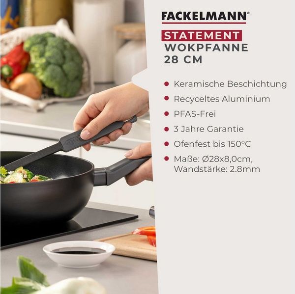 Fackelmann Wokpfanne 28cm Statement – Keramik beschichteter Wok - Pfanne aus recyceltem Aluminium mit Antihaft-Beschichtung, Wabenbodenstruktur – Für alle Herdarten inklusive Induktion, PFAS-frei