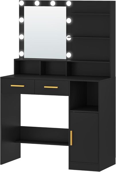 Schminktisch mit Spiegel und 10 LED-Beleuchtung, Einstellbare Helligkeit, Schminkkommode mit 2 Schublade & 1 Schrank, 3 Ablagen & 4 offenen Fächern, Schwarz