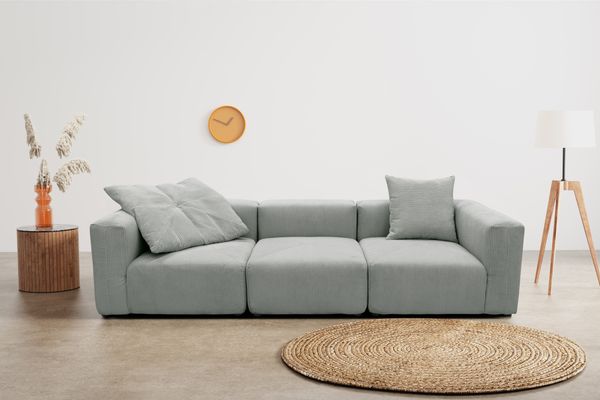 DOMO. collection Sofa 800011, 3 Sitzer, Rechteckig, individuell kombinierbar, Cord 3er Couch, modular, Polstergarnitur, 301 x 108 x 69 (BxTxH), hellgrau