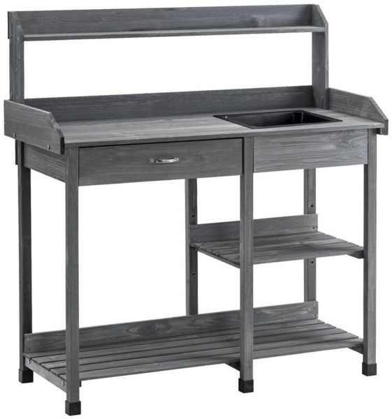 MCombo Pflanztisch Gärtnertisch Blumentisch 0458EY, mit Waschbecken Schublade und Ablagefläche Wetterfest Holz, anthrazit, 115 x 45 x 121 cm