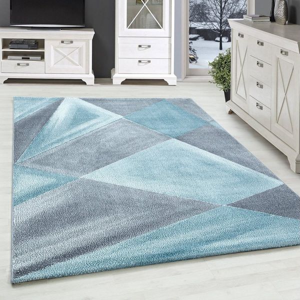 SIMPEX24 Teppich Geometrisch Design, Rechteckig, Höhe: 10 mm, Modern Kurzflor Teppiche Geometrisch Design Blau Teppich Wohnzimmer