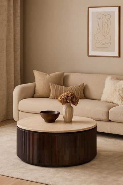 alesvelt Couchtisch Lunado Travertin Tischplatte in edlem Säulenstil 100 cm (1-Stück), Ø100 cm 45cm Höhe