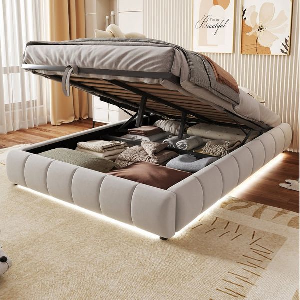 STILVORA Polsterbett 140x200 Doppelbett mit LED&Stauraum,Jugendbett mit Lattenrost&Matratze (Hydraulisches, ohne Kopfteil, mit LED-Licht & Stauraum, für moderne Schlafzimmer & Jugendzimmer 140x200 cm), Mit Matratze
