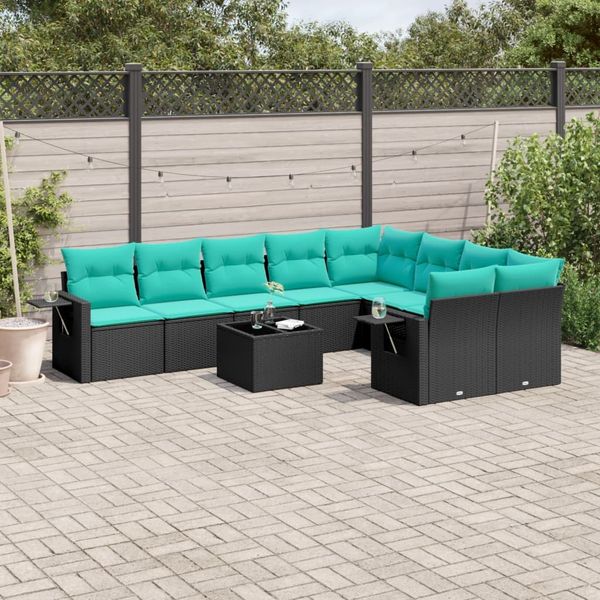 vidaXL 10-teiliges Gartensofa-Set mit Kissen, schwarzes Polyrattan 3220646