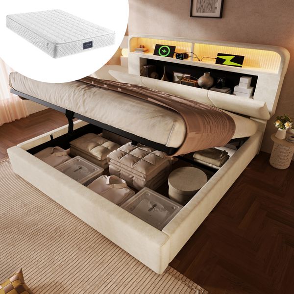 Polsterbett 160x200 mit LED-Kopfteil, Stauraum & USB-Ladestation, höhenverstellbar, hydraulisch,Beige,mit Matratze
